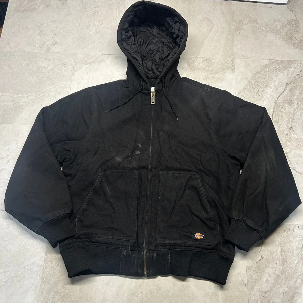 Dickies Hooded Work Jacket Black Mens Size M Canvas Quilted Lined Distressed